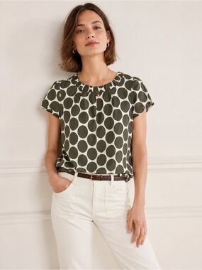 Boden Women’s Polka Dot Silk Blend Blouse | White & Olive | US 2